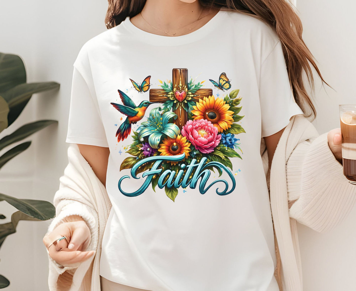 Faith T Shirt Christian Hummingbird Cross Tee Religious Sunflower Shirt Faith Gift For Her Floral Apparel Adult Youth Toddler Baby Outfit