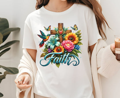 Faith T Shirt Christian Hummingbird Cross Tee Religious Sunflower Shirt Faith Gift For Her Floral Apparel Adult Youth Toddler Baby Outfit