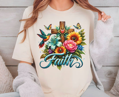 Faith T Shirt Christian Hummingbird Cross Tee Religious Sunflower Shirt Faith Gift For Her Floral Apparel Adult Youth Toddler Baby Outfit