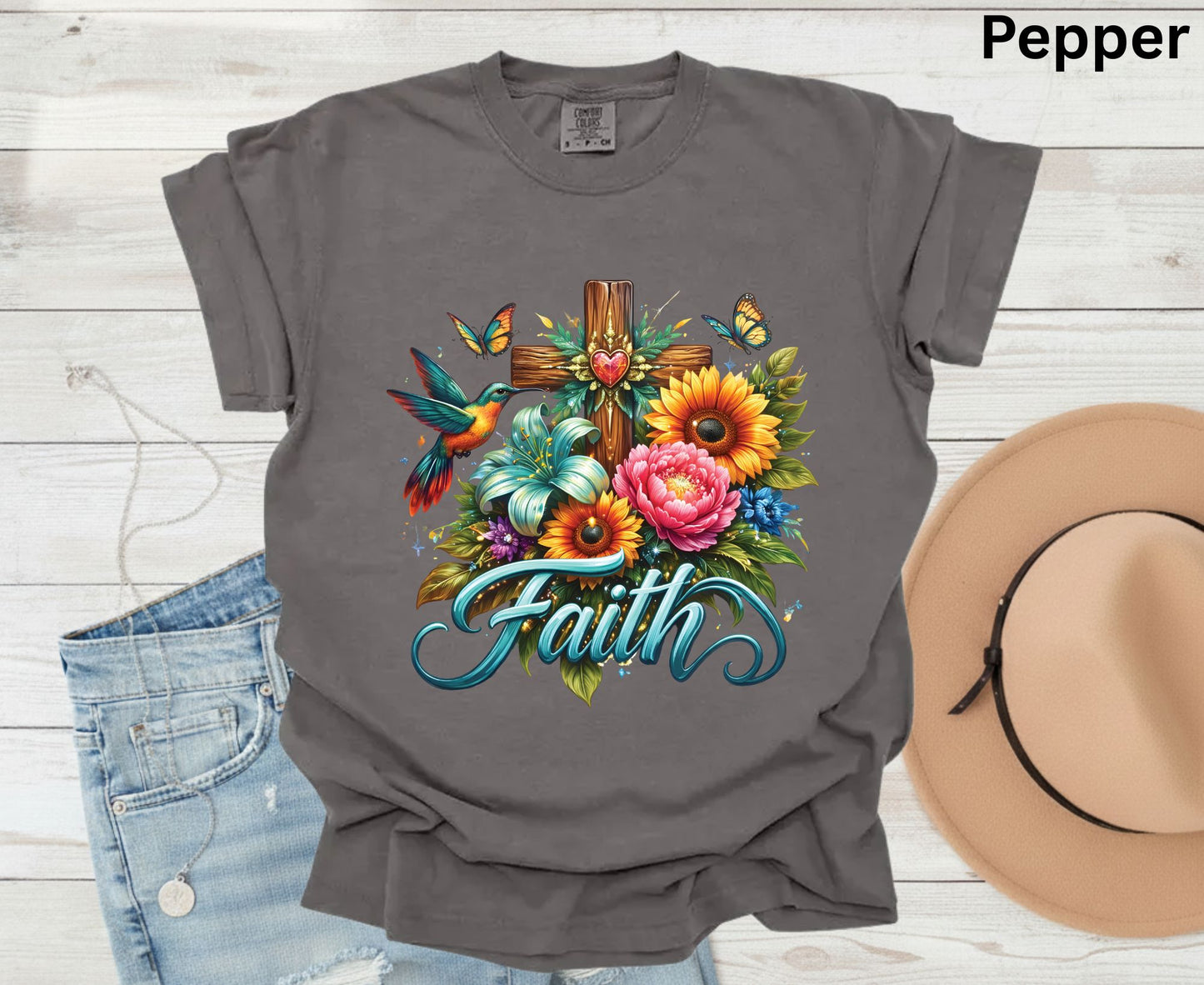 Faith T Shirt Christian Hummingbird Cross Tee Religious Sunflower Shirt Faith Gift For Her Floral Apparel Adult Youth Toddler Baby Outfit