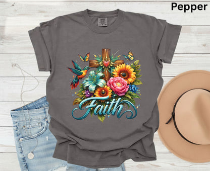 Faith T Shirt Christian Hummingbird Cross Tee Religious Sunflower Shirt Faith Gift For Her Floral Apparel Adult Youth Toddler Baby Outfit