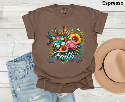 Faith T Shirt Christian Hummingbird Cross Tee Religious Sunflower Shirt Faith Gift For Her Floral Apparel Adult Youth Toddler Baby Outfit