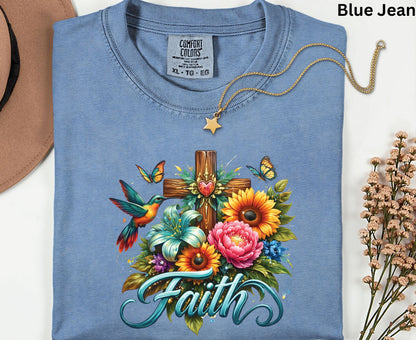 Faith T Shirt Christian Hummingbird Cross Tee Religious Sunflower Shirt Faith Gift For Her Floral Apparel Adult Youth Toddler Baby Outfit