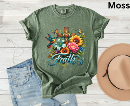 Faith T Shirt Christian Hummingbird Cross Tee Religious Sunflower Shirt Faith Gift For Her Floral Apparel Adult Youth Toddler Baby Outfit
