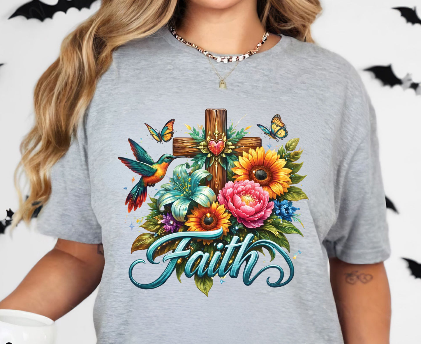 Faith T Shirt Christian Hummingbird Cross Tee Religious Sunflower Shirt Faith Gift For Her Floral Apparel Adult Youth Toddler Baby Outfit