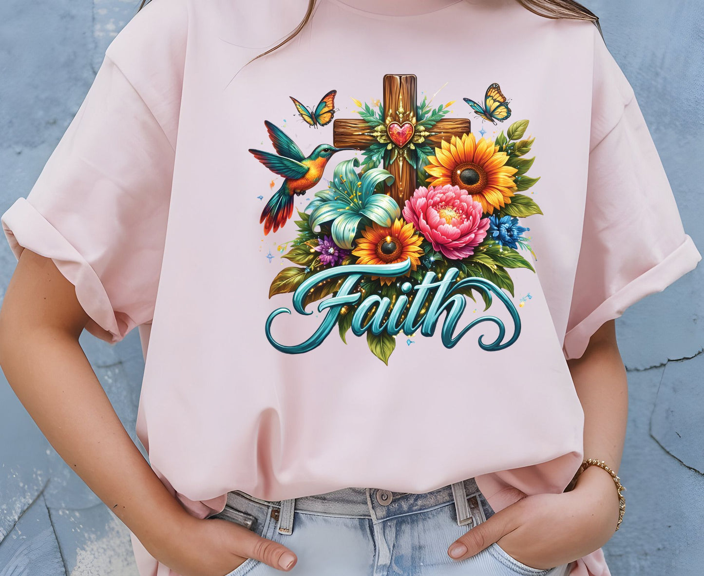 Faith T Shirt Christian Hummingbird Cross Tee Religious Sunflower Shirt Faith Gift For Her Floral Apparel Adult Youth Toddler Baby Outfit