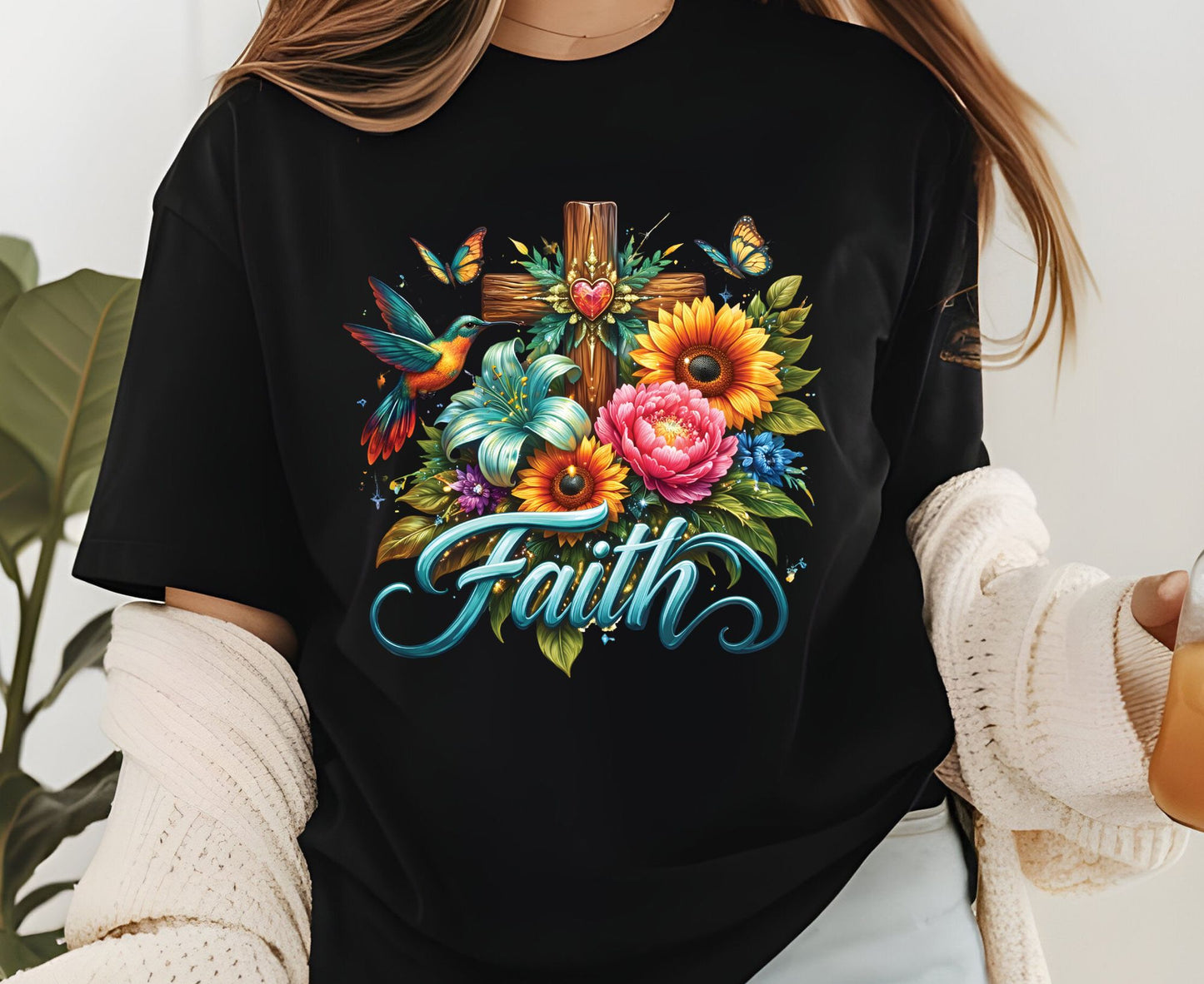 Faith T Shirt Christian Hummingbird Cross Tee Religious Sunflower Shirt Faith Gift For Her Floral Apparel Adult Youth Toddler Baby Outfit