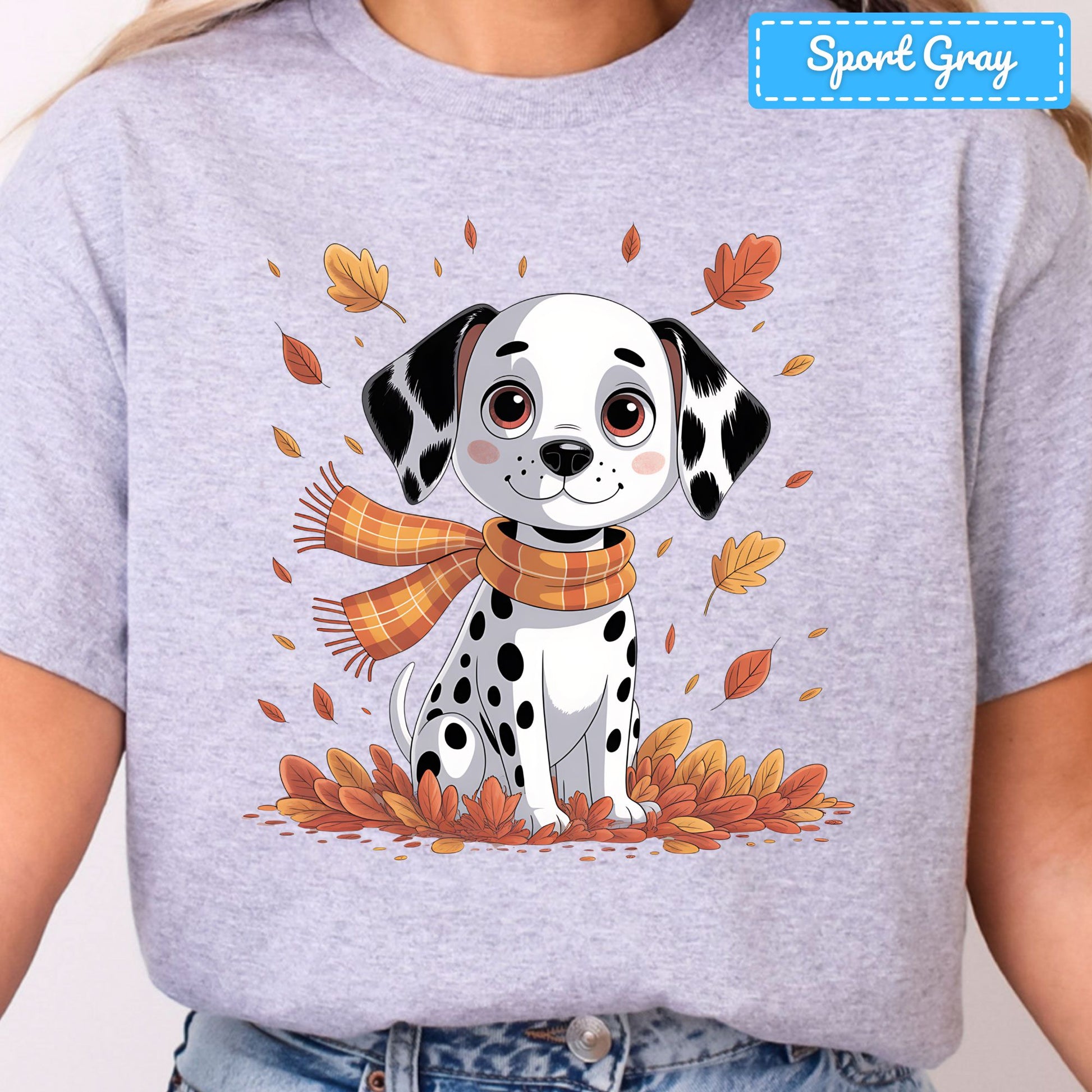 Fall Dalmatian Dog T-Shirt, Autumn Leaves Scarf Sweatshirt, Cute Fall Tee