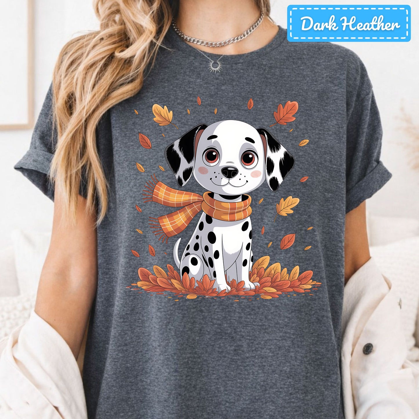 Fall Dalmatian Dog T-Shirt, Autumn Leaves Scarf Sweatshirt, Cute Fall Tee