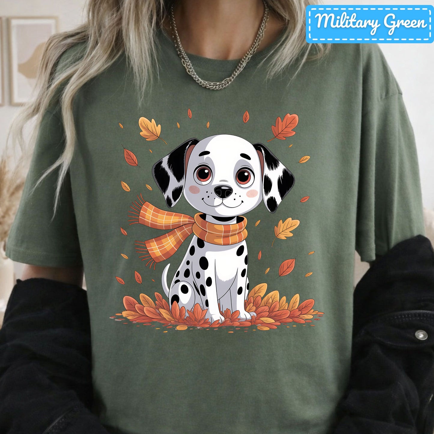 Fall Dalmatian Dog T-Shirt, Autumn Leaves Scarf Sweatshirt, Cute Fall Tee