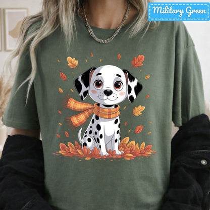 Fall Dalmatian Dog T-Shirt, Autumn Leaves Scarf Sweatshirt, Cute Fall Tee