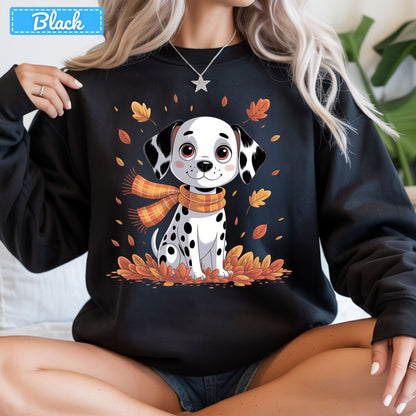 Fall Dalmatian Dog T-Shirt, Autumn Leaves Scarf Sweatshirt, Cute Fall Tee