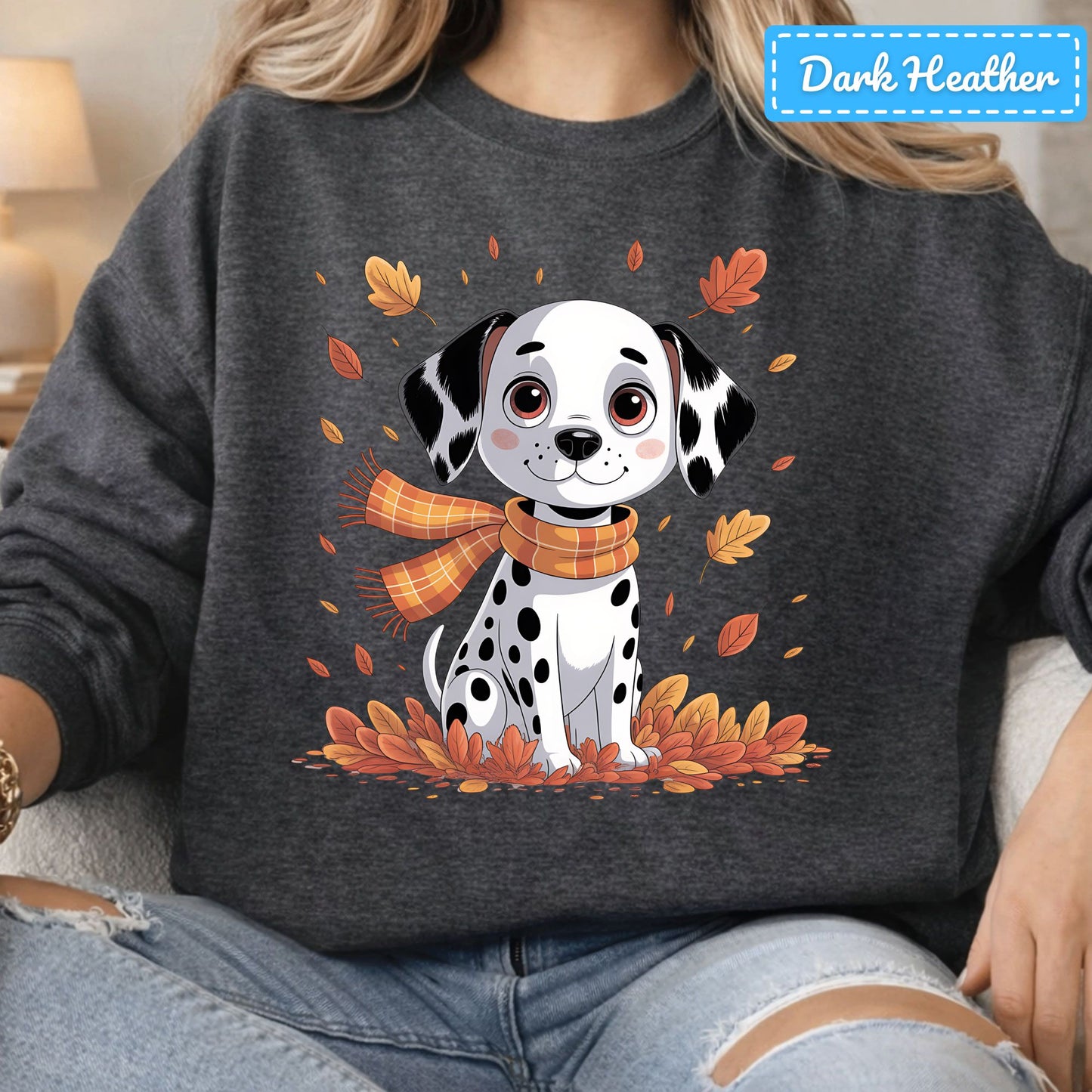 Fall Dalmatian Dog T-Shirt, Autumn Leaves Scarf Sweatshirt, Cute Fall Tee