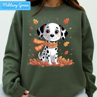 Fall Dalmatian Dog T-Shirt, Autumn Leaves Scarf Sweatshirt, Cute Fall Tee