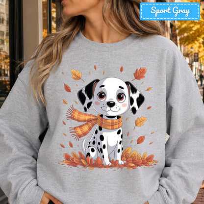 Fall Dalmatian Dog T-Shirt, Autumn Leaves Scarf Sweatshirt, Cute Fall Tee