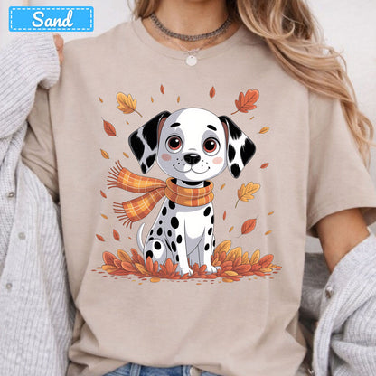 Fall Dalmatian Dog T-Shirt, Autumn Leaves Scarf Sweatshirt, Cute Fall Tee