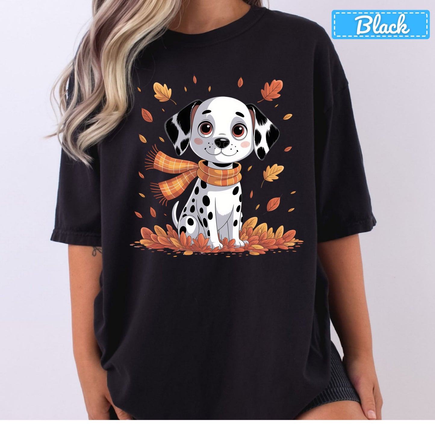 Fall Dalmatian Dog T-Shirt, Autumn Leaves Scarf Sweatshirt, Cute Fall Tee