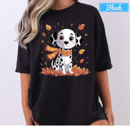 Fall Dalmatian Dog T-Shirt, Autumn Leaves Scarf Sweatshirt, Cute Fall Tee