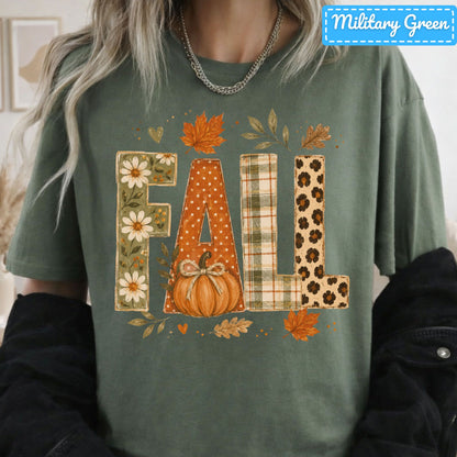 Fall Floral Plaid Leopard Sweatshirt, Pumpkin Leaves T-Shirt, Autumn Tee