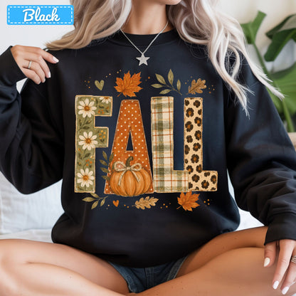 Fall Floral Plaid Leopard Sweatshirt, Pumpkin Leaves T-Shirt, Autumn Tee