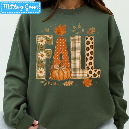 Fall Floral Plaid Leopard Sweatshirt, Pumpkin Leaves T-Shirt, Autumn Tee