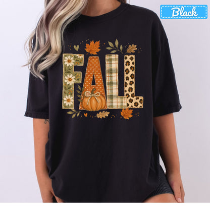 Fall Floral Plaid Leopard Sweatshirt, Pumpkin Leaves T-Shirt, Autumn Tee