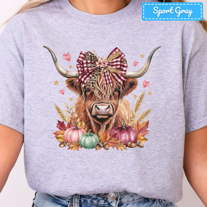 Fall Highland Cow T-Shirt, Plaid Leopard Bow Pumpkin Sweatshirt, Autumn Tee
