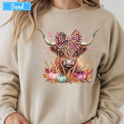 Fall Highland Cow T-Shirt, Plaid Leopard Bow Pumpkin Sweatshirt, Autumn Tee