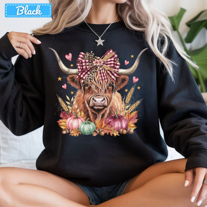 Fall Highland Cow T-Shirt, Plaid Leopard Bow Pumpkin Sweatshirt, Autumn Tee