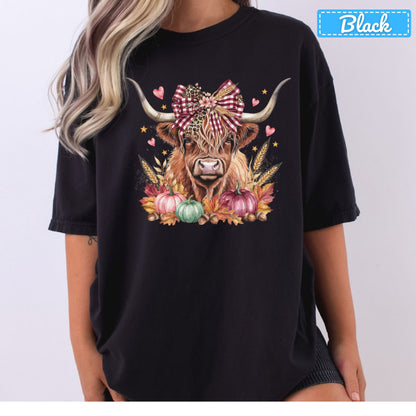 Fall Highland Cow T-Shirt, Plaid Leopard Bow Pumpkin Sweatshirt, Autumn Tee