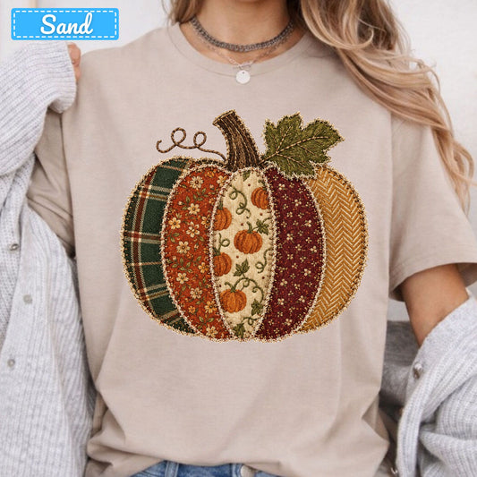 Fall Pumpkin Patchwork Plaid T-Shirt, Floral Pumpkin Sweatshirt, Autumn Tee