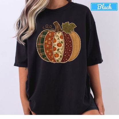 Fall Pumpkin Patchwork Plaid T-Shirt, Floral Pumpkin Sweatshirt, Autumn Tee
