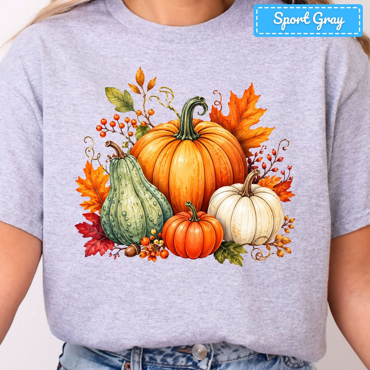 Fall Pumpkin Watercolor T-Shirt, Harvest Gourd Sweatshirt, Autumn Leaves Tee