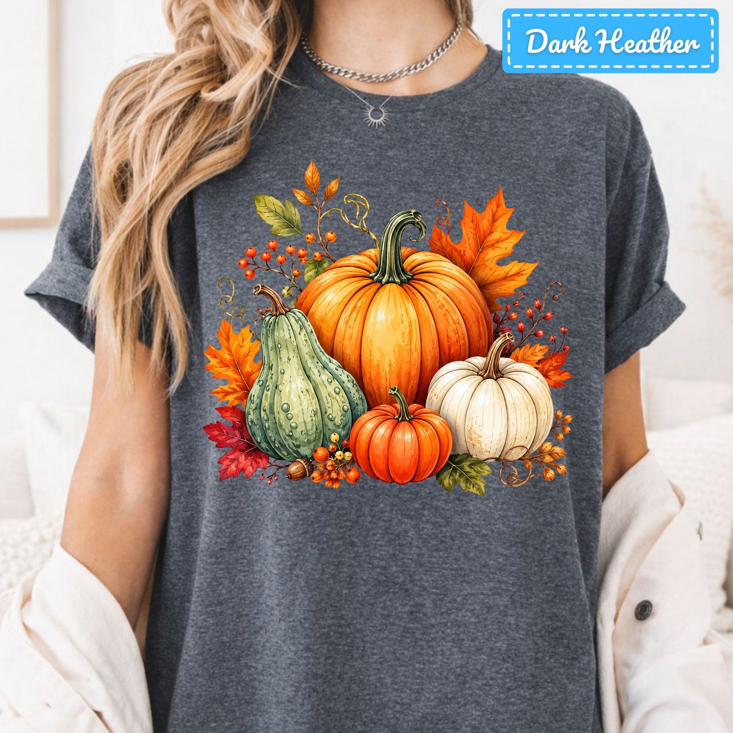 Fall Pumpkin Watercolor T-Shirt, Harvest Gourd Sweatshirt, Autumn Leaves Tee
