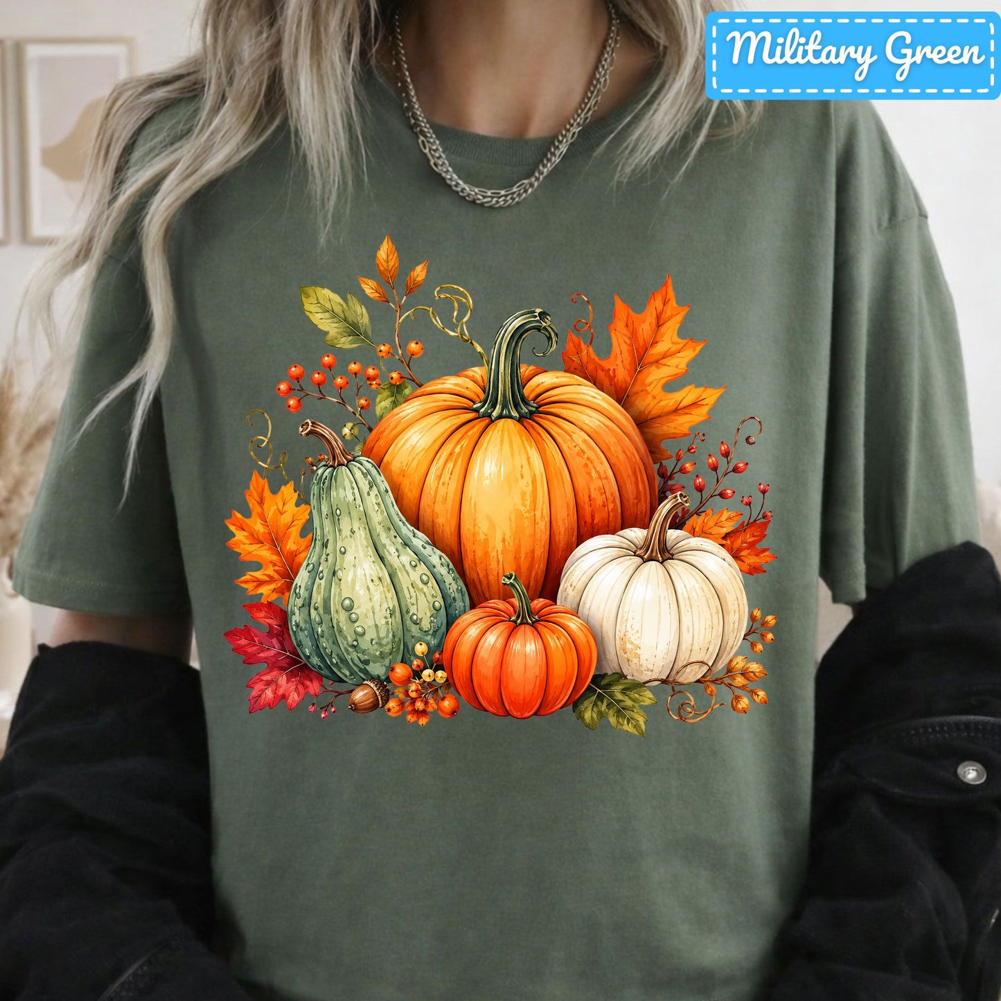 Fall Pumpkin Watercolor T-Shirt, Harvest Gourd Sweatshirt, Autumn Leaves Tee