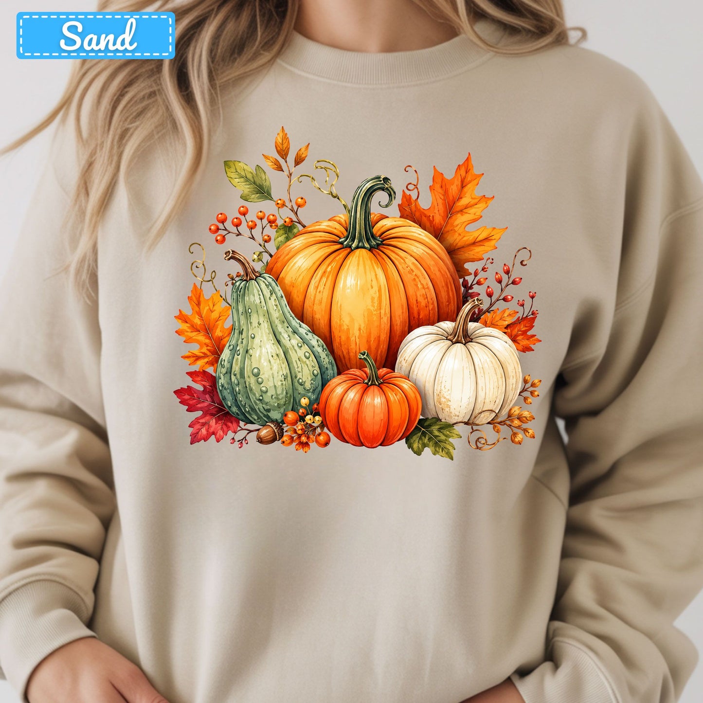 Fall Pumpkin Watercolor T-Shirt, Harvest Gourd Sweatshirt, Autumn Leaves Tee