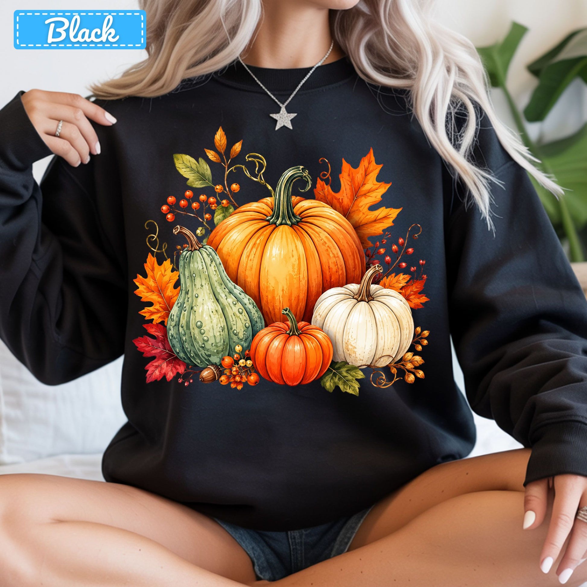 Fall Pumpkin Watercolor T-Shirt, Harvest Gourd Sweatshirt, Autumn Leaves Tee