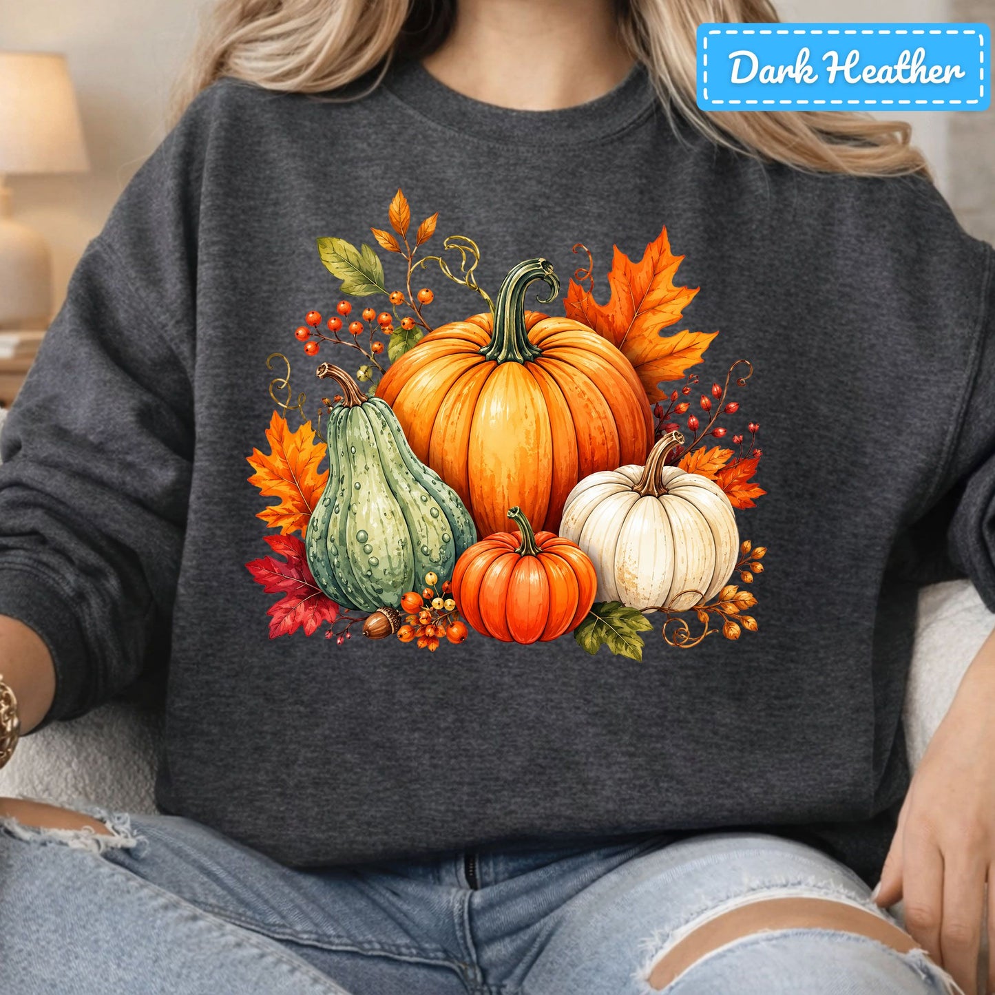Fall Pumpkin Watercolor T-Shirt, Harvest Gourd Sweatshirt, Autumn Leaves Tee