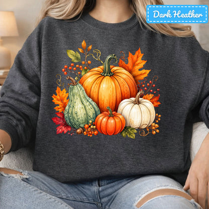 Fall Pumpkin Watercolor T-Shirt, Harvest Gourd Sweatshirt, Autumn Leaves Tee