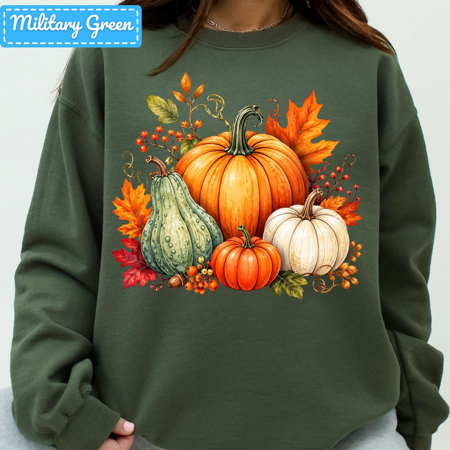 Fall Pumpkin Watercolor T-Shirt, Harvest Gourd Sweatshirt, Autumn Leaves Tee