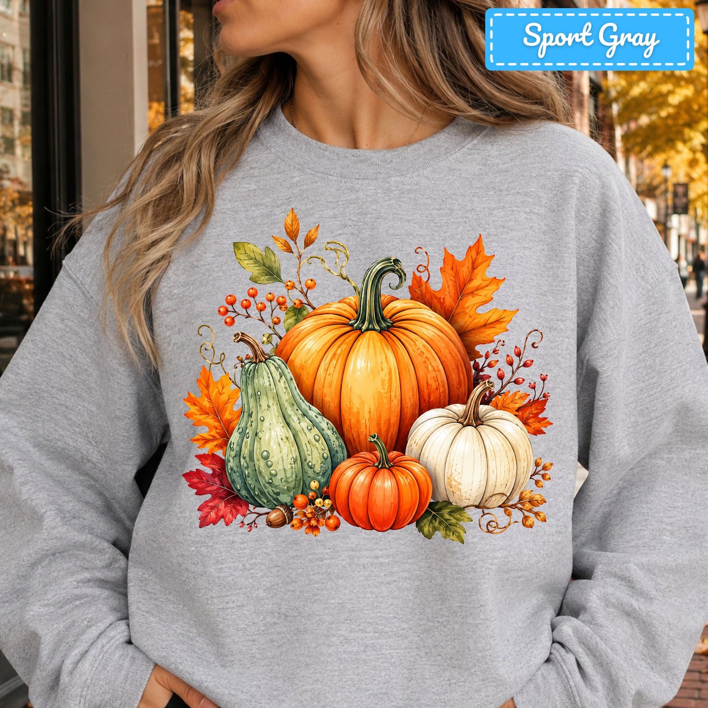 Fall Pumpkin Watercolor T-Shirt, Harvest Gourd Sweatshirt, Autumn Leaves Tee