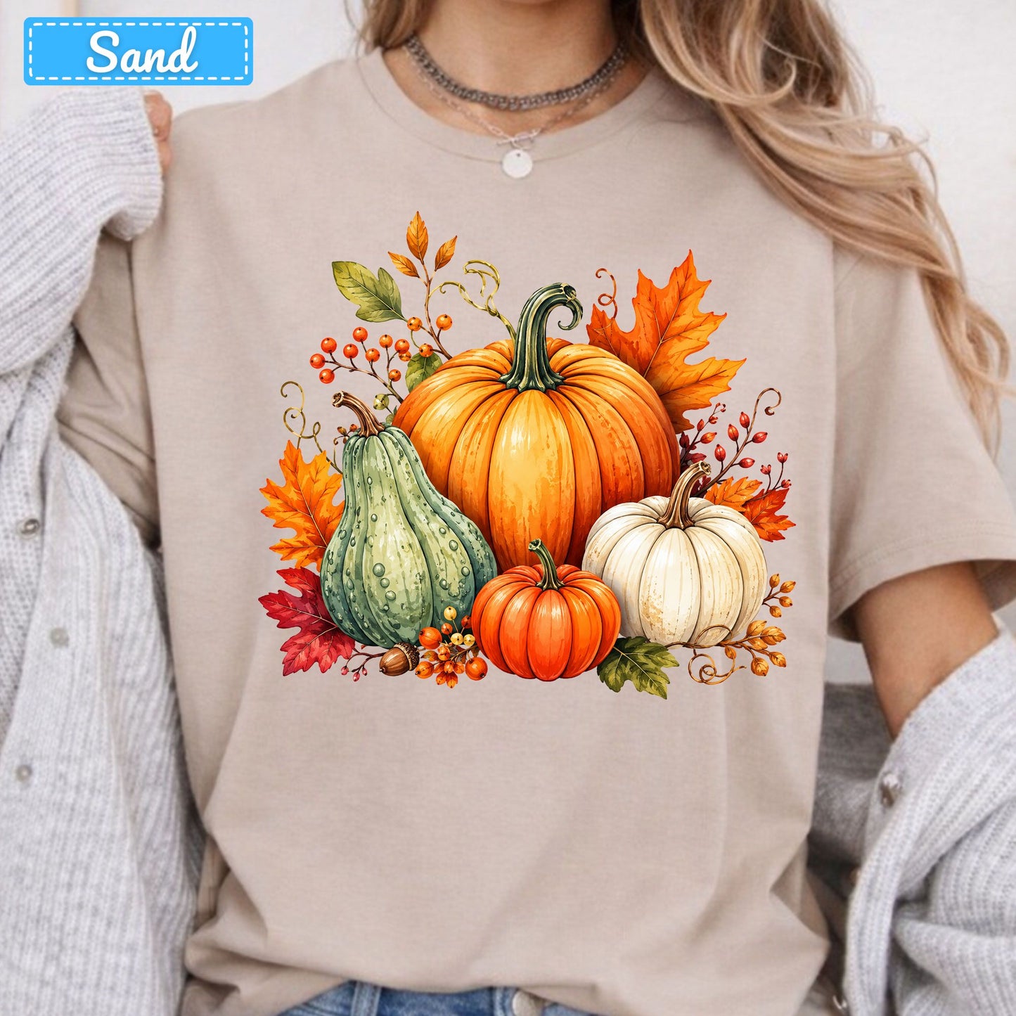 Fall Pumpkin Watercolor T-Shirt, Harvest Gourd Sweatshirt, Autumn Leaves Tee