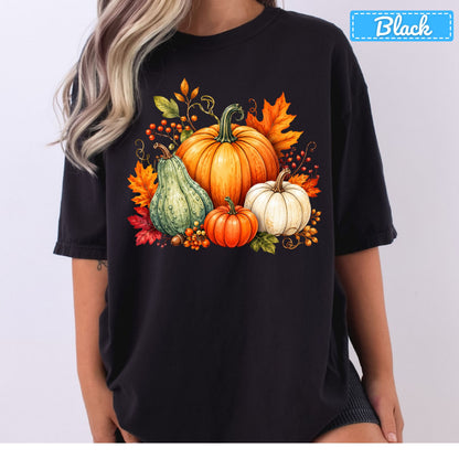 Fall Pumpkin Watercolor T-Shirt, Harvest Gourd Sweatshirt, Autumn Leaves Tee
