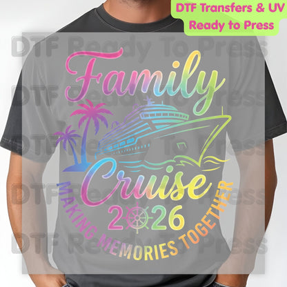 Family Cruise 2026 Making Memories Together DTF Transfer Ready to Press Ship Palm Trees Heat Transfer for Shirts UV Sticker Prints