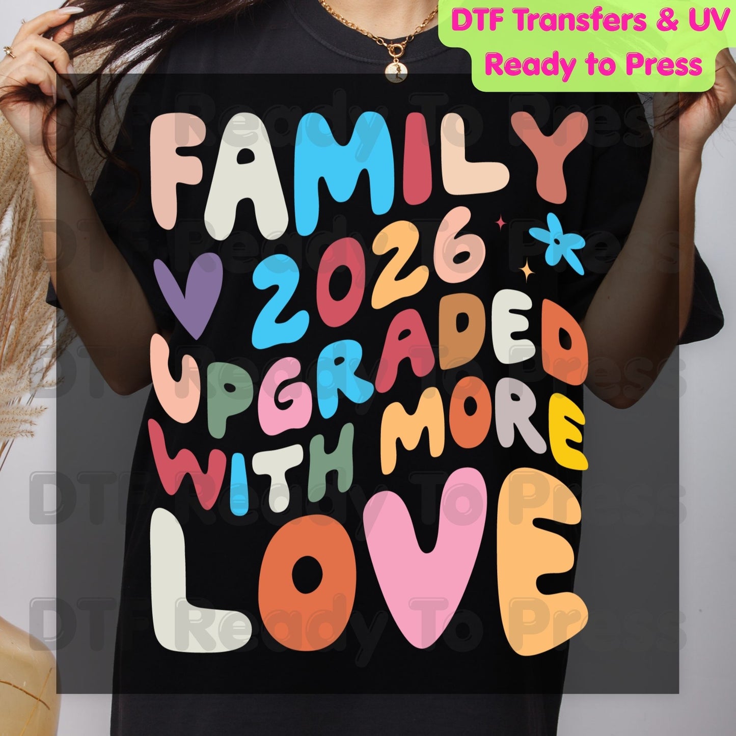 Family Upgraded With More Love 2026 DTF Transfer Ready to Press Retro Pregnancy Announcement Heat Transfer for Shirts UV Sticker Prints