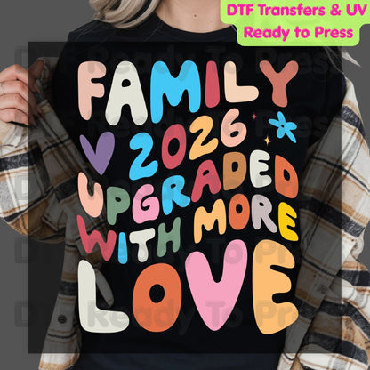 Family Upgraded With More Love 2026 DTF Transfer Ready to Press Retro Pregnancy Announcement Heat Transfer for Shirts UV Sticker Prints