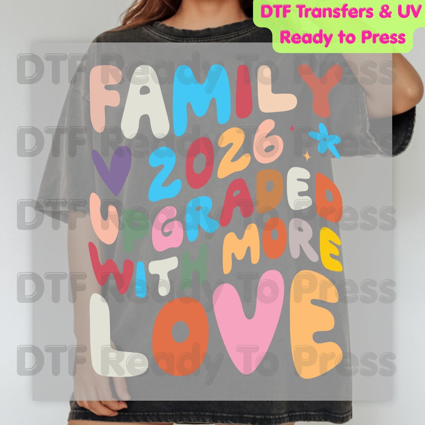 Family Upgraded With More Love 2026 DTF Transfer Ready to Press Retro Pregnancy Announcement Heat Transfer for Shirts UV Sticker Prints