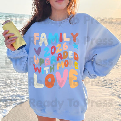 Family Upgraded With More Love 2026 DTF Transfer Ready to Press Retro Pregnancy Announcement Heat Transfer for Shirts UV Sticker Prints