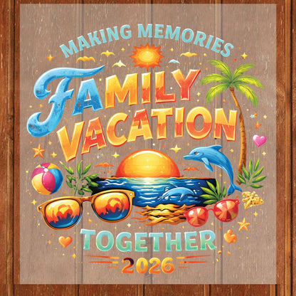 Family Vacation 2026 Making Memories Together Retro Beach DTF Transfer Ready to Press Summer Trip UV DTF Sticker Sunglasses Dolphin Palm Tree Heat Transfer for Shirts
