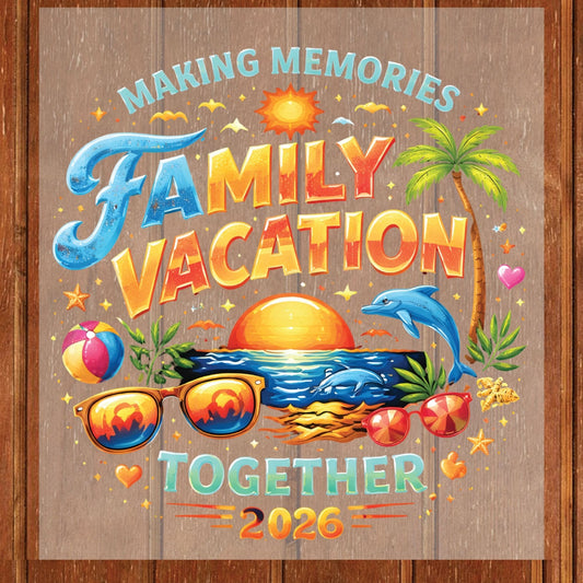 Family Vacation 2026 Making Memories Together Retro Beach DTF Transfer Ready to Press Summer Trip UV DTF Sticker Sunglasses Dolphin Palm Tree Heat Transfer for Shirts